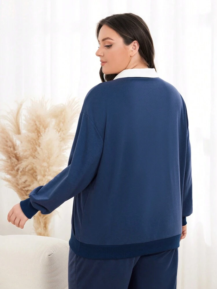 Plus Letter Patched Polo Neck Drop Shoulder Sweatshirt Pullover Fall Sweatshirt
