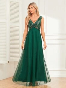 Contrast Sequin Mesh Formal Dress - Dark Green - View 3