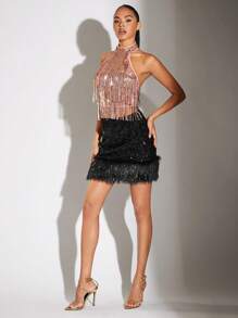 SHEIN BAE Women's Sleeveless Tank Top For Summer With Tassel And Sparkly Sequins - Pink - View 3