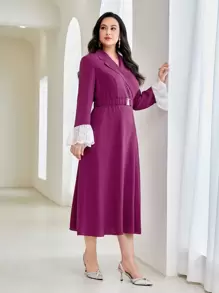 Modelyn 大碼西裝領蕾絲拼接荷葉袖繫腰帶洋裝 - 乾枯玫瑰色 - 查看 4