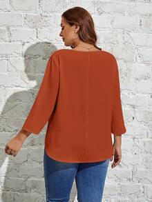 EMERY ROSE Plus Solid V Neck Blouse - Redwood - View 2