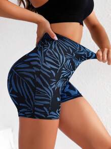 Tropical Print Wideband Waist Sports Shorts - Blue - View 2
