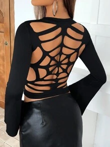 SHEIN ICON Halloween Cut Out Back Trumpet Sleeve Crop Tee - Black - View 1