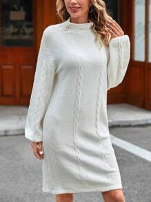 EMERY ROSE 小高領落肩袖麻花編織毛衣洋裝 - 白色 - 查看 4