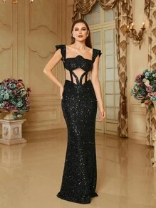 Missord Ruffle Trim Sequin Formal Dress - Black - View 1