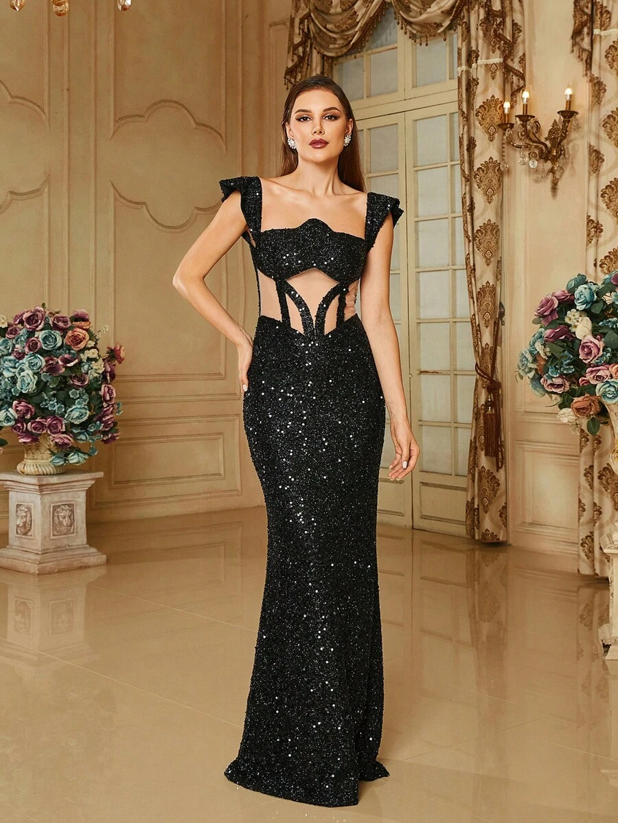 Missord Ruffle Trim Sequin Formal Dress - Black - View 1