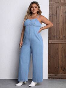 SHEIN ICON Plus Wide Leg Denim Cami Jumpsuit - Blue - View 4