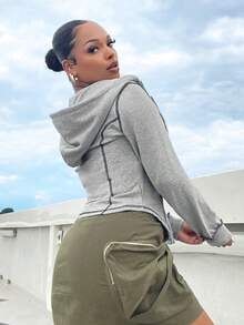 SHEIN SXY Top-stitching Zip Up Curved Hem Drawstring Hoodie - Grey - View 4