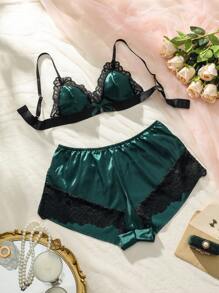 Snug Zone Conjunto de lencería de sujetador y pantalón de encaje y satén con contraste sexy - Verde Oscuro - Ver 1