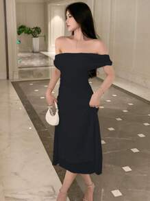 DAZY 纯色露肩褶皱连衣裙，生日、新年、舞会、优雅吊带裙、返校节礼服、婚纱、嘉年华女装 - 黑色 - 查看 4