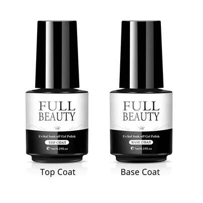 FULL BEAUTY 2 cajas de 7 ml de base y top coat para esmalte de gel transparente, brillante y brilloso. Esmalte de gel de remojo de larga duración, top coat para manicura de uñas