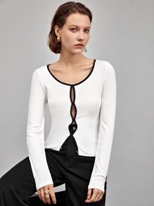 BizChic Contrast Binding Button Front Tee - White - View 8