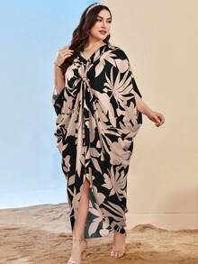 大码女式全身印花、随机印花、圆领褶皱阿拉伯长袍，适合休闲和节日场合，柔软舒适