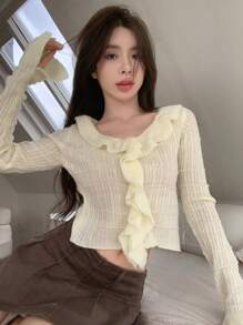 DAZY Solid Ruffle Trim Flounce Sleeve Crop Sweater,Fall Women Clothes - Apricot - View 6