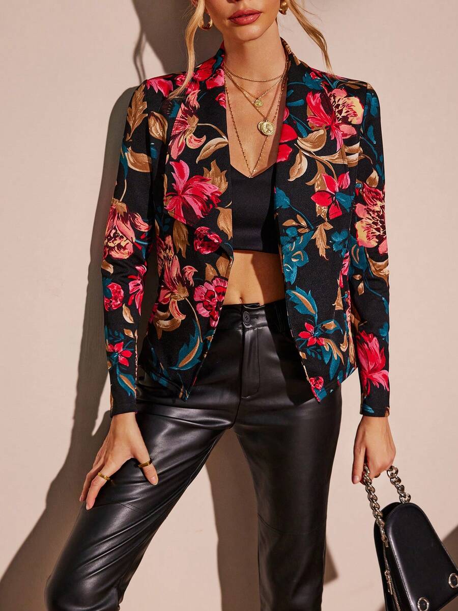SHEIN LUNE 花卉印花青果領開襟夾克 - 彩色 - 查看 1