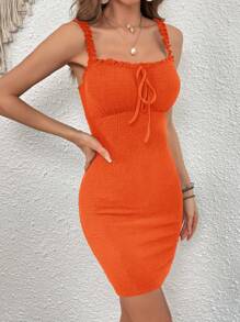 SHEIN VCAY Frill Trim Knot Front Dress - Burnt Orange - View 6