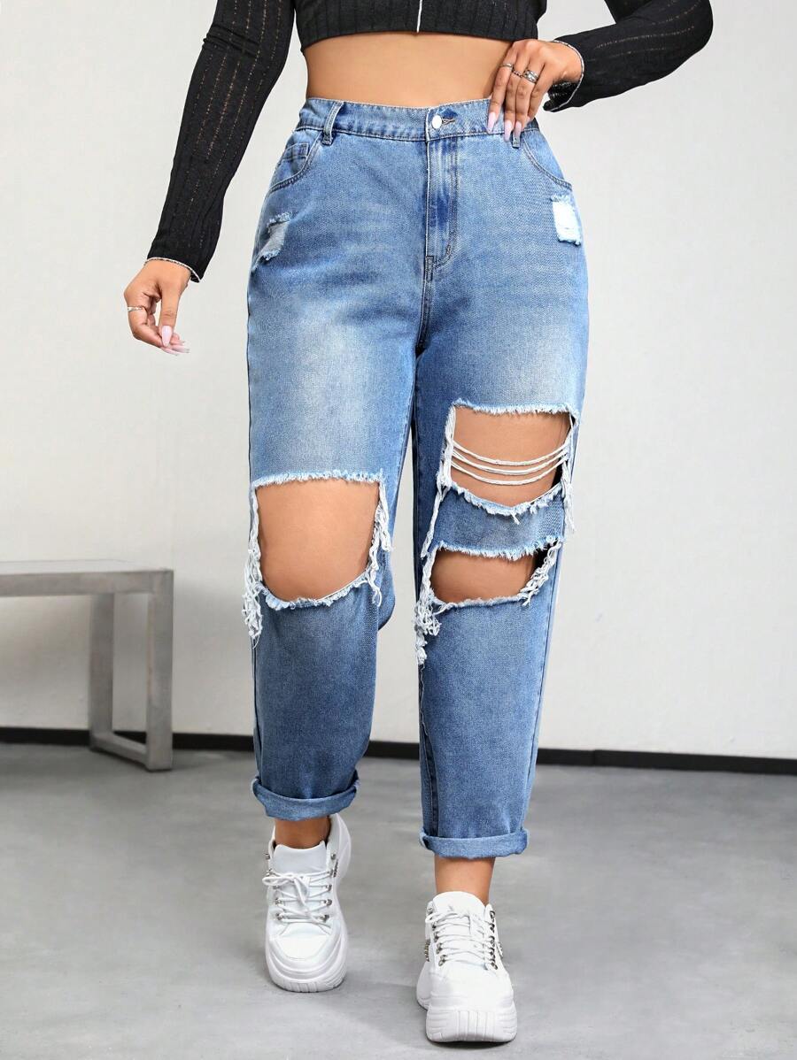 SHEIN ICON Plus High Waist Ripped Cut Out Mom Fit Jeans - Light Wash - View 1