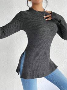 SHEIN Frenchy Solid Split Grain Fabric Round Neck Hem Ribbed Knit Tee Winter Casual Spring - Dark Grey - View 3