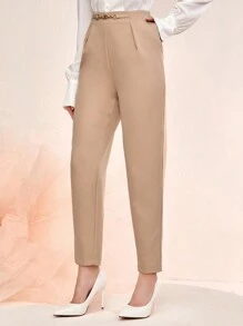 Modelyn Solid Fold Pleated Suit Pants - Khaki - View 5