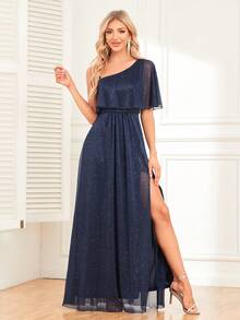 不對稱領高衩舞會洋裝 - 藏蓝色 - 查看 3