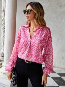 SHEIN Cottnline Allover Print Lantern Sleeve Blouse - Pink - View 5