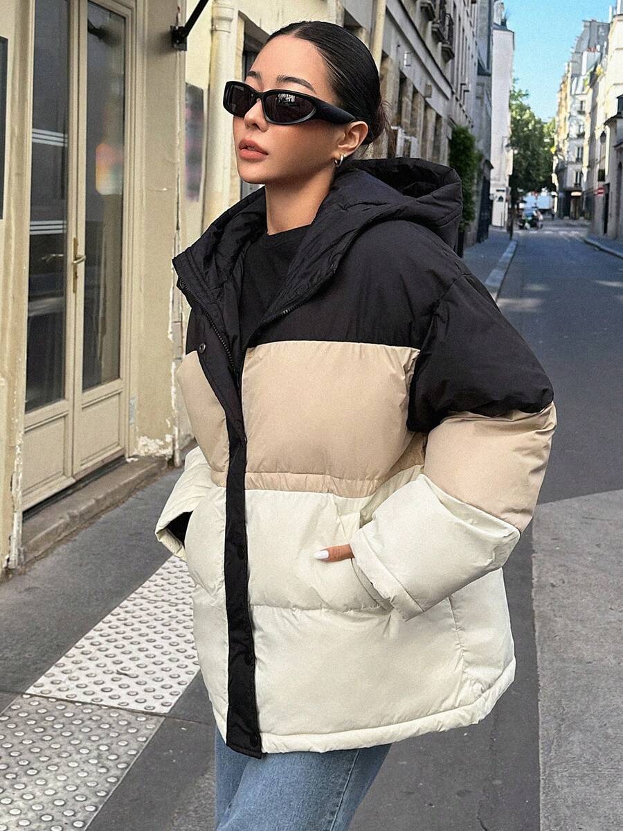 DAZY Abrigo de color combinado de hombros caídos con capucha fumador grueso bolsillos - Multicolor - Ver 1