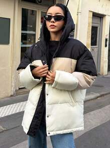 DAZY Abrigo de color combinado de hombros caídos con capucha fumador grueso bolsillos - Multicolor - Ver 4