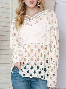 Hollow Out Batwing Sleeve Top Without Cami Top - Beige - View 3