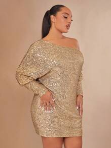 SHEIN BAE Christmas Plus Asymmetrical Neck Batwing Sleeve Sequin Dress