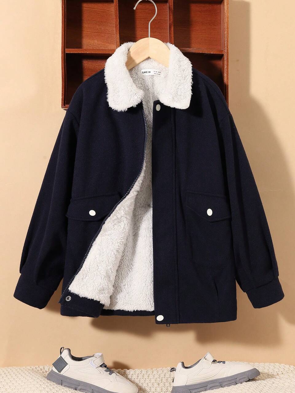 Tween Boy Borg Collar Teddy Lined Flap Pocket Overcoat