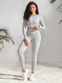 Easithlete Conjunto deportivo inconsútil de manga raglán - Gris Claro - Ver 4