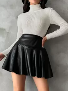 EURMUSE PU Flare Skirt