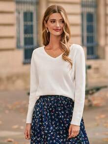 SHEIN Frenchy Ren tương phản Nơ phía sau Áo len - trắng - Xem 2