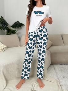 Heart & Slogan Graphic PJ Set - White - View 4