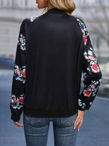 EMERY ROSE Floral Print Raglan Sleeve Bomber Jacket - Black - View 2