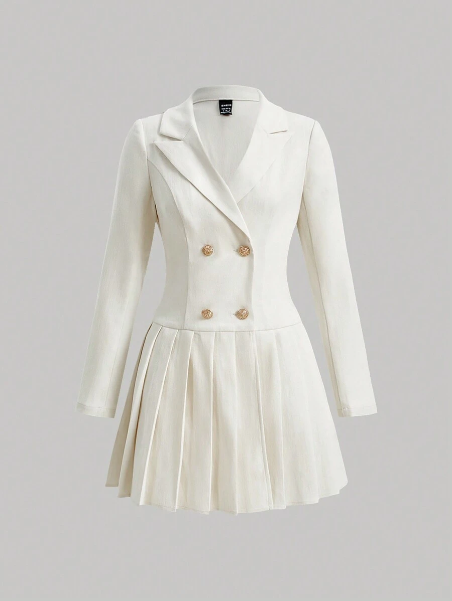 SHEIN MOD Lapel Collar Double Breasted Pleated Hem Dress - Beige - View 1