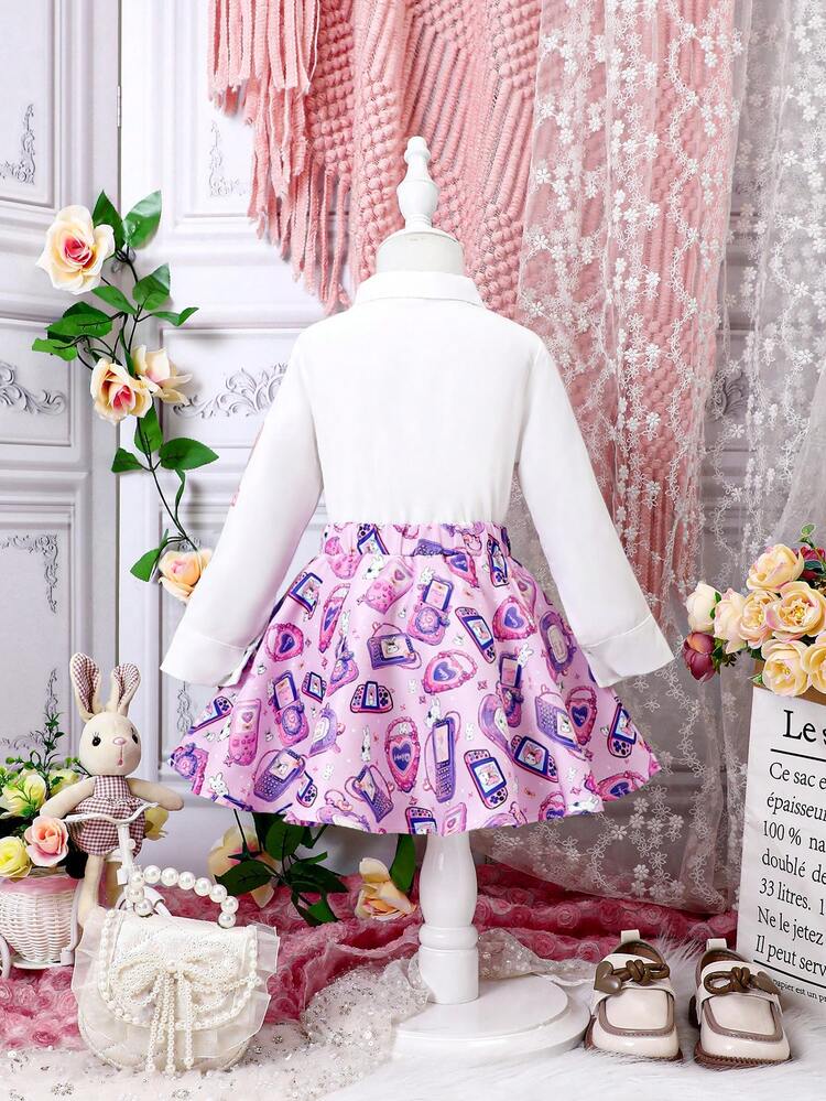 Baby Girl Letter Patched Shirt & Bunny Print Skirt