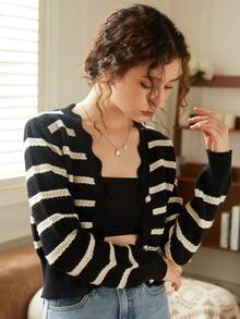 Striped Pattern Button Front Cardigan - Black - View 7