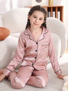 Tween Girl Satin Pajama Set Long Pants Silk Button Style Long Sleeved Cardigan Top Soft And Comfortable Cute Suitable For Children Aged 8-13 Spring And Autumn Two Pieces Sets Loungewear - Pink - View 4