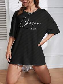 INAWLY 口号图案落肩 T 恤 图案 T 恤 女式上衣 - 黑色 - 查看 3