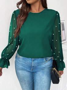 Celure Plus Pearls Beaded Flare Sleeve Blouse - Dark Green - View 5