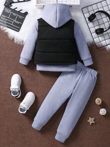 SHEIN 男小童字母補丁細節外套馬甲和加絨內裏連帽衛衣和運動褲 - 灰色 - 查看 2