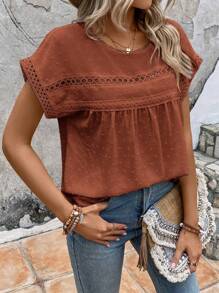 EMERY ROSE Contrast Lace Batwing Sleeve Blouse,Short Sleeve Tops - Brown - View 4