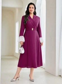 Modelyn 大碼西裝領蕾絲拼接荷葉袖繫腰帶洋裝 - 乾枯玫瑰色 - 查看 1