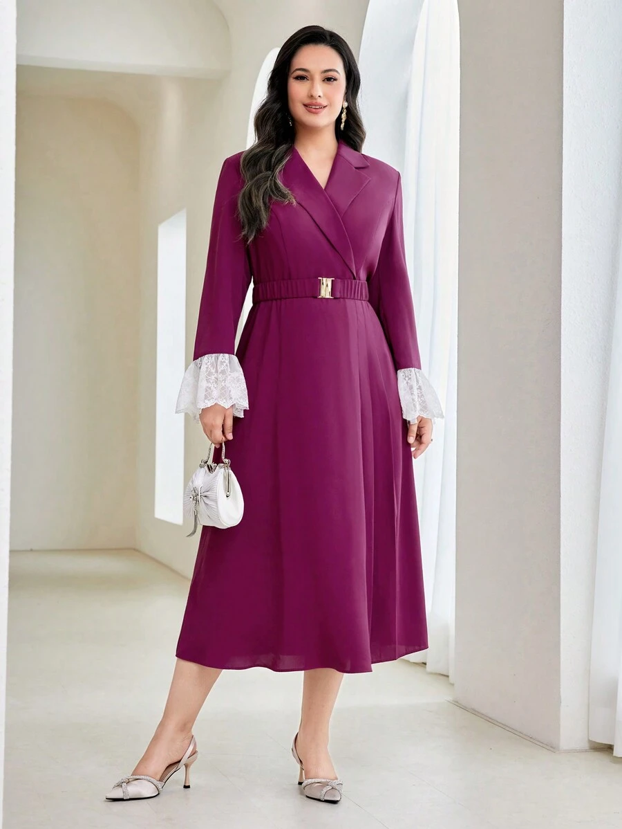 Modelyn 大碼西裝領蕾絲拼接荷葉袖繫腰帶洋裝 - 乾枯玫瑰色 - 查看 1