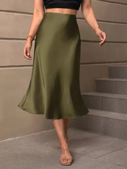 SHEIN LUNE Falda Midi Con Dobladillo De Sirena De Color Sólido Simple Y Elegante Para Mujeres