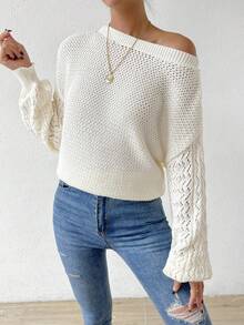 SHEIN LUNE Chất rắn Thả vai Dệt kim chấm bi Áo len - trắng - Xem 5