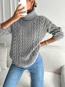 SHEIN Jersey cuello alto tejido de cable de hombros caídos