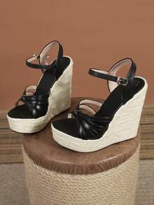 女性坡跟跟厚鞋底涼鞋 - 黑色 - 查看 3