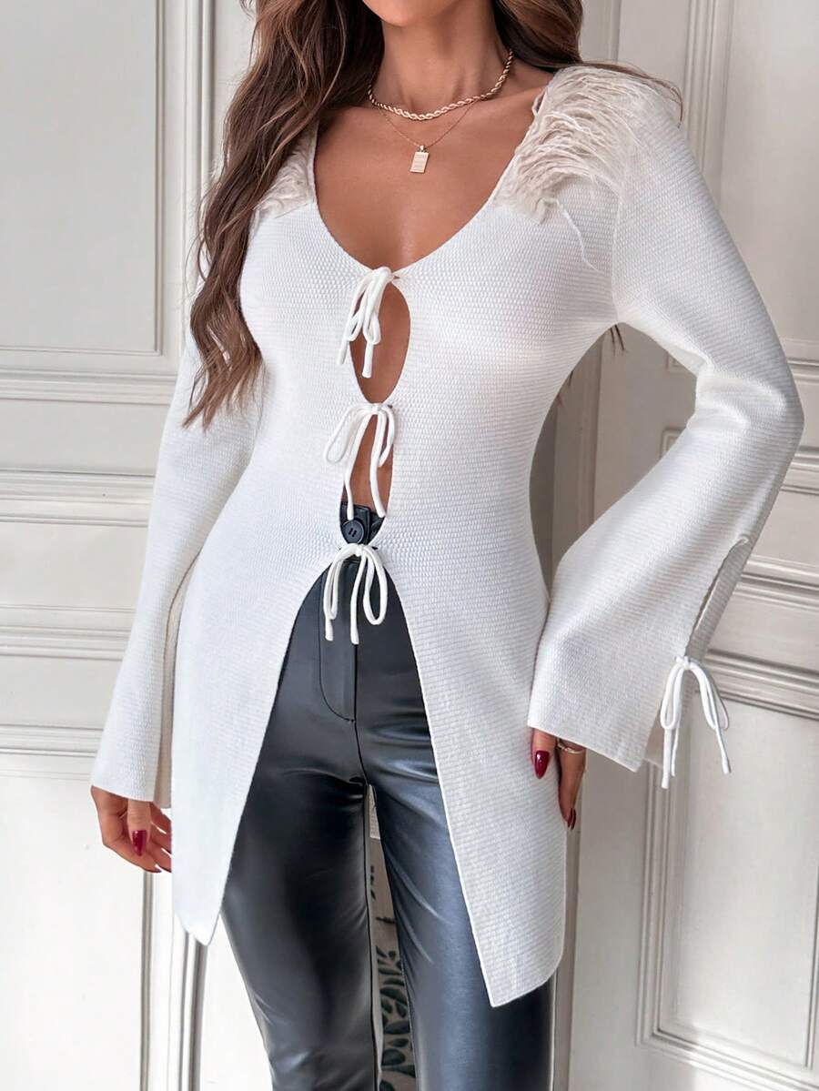 SHEIN Privé 喇叭袖前結開襟衫 - 米色 - 查看 1